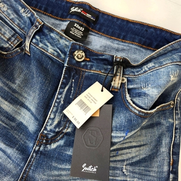 Men's Vintage Blue Wash Distressed Denim Jeans - Skinny Fit - Picture 6 of 11